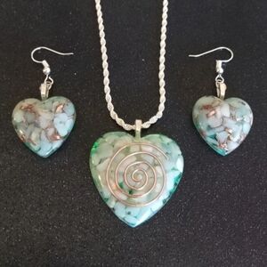 Sterling silver green amazonite orgonite heart necklace earrings jewelry set new